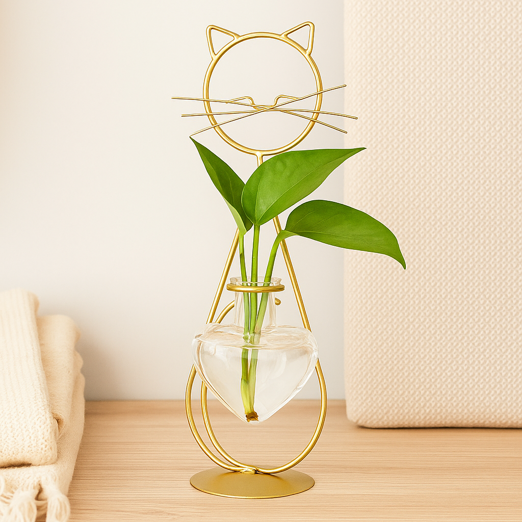 Hjerteformet glassplantkasse med kattinspirert holder Skanto