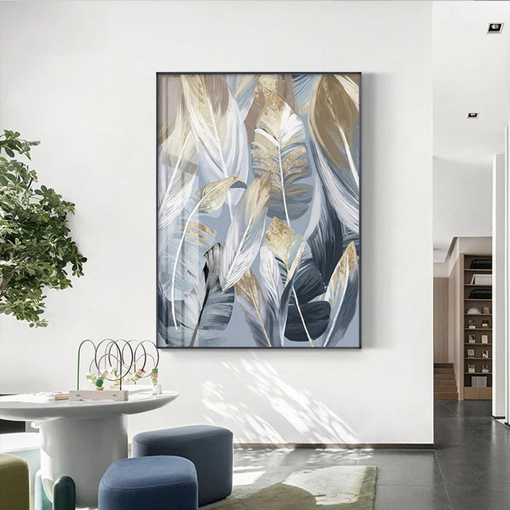 Chic Abstrakt Blå Gylne Fjær Veggkunst Fine Art Lerrettrykk Plakater Bilder For Stue Spisestue Moderne Soverom Kunst Dekor | Skanto