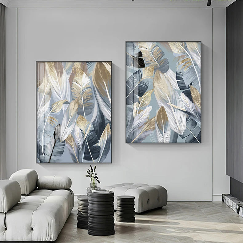 Chic Abstrakt Blå Gylne Fjær Veggkunst Fine Art Lerrettrykk Plakater Bilder For Stue Spisestue Moderne Soverom Kunst Dekor | Skanto