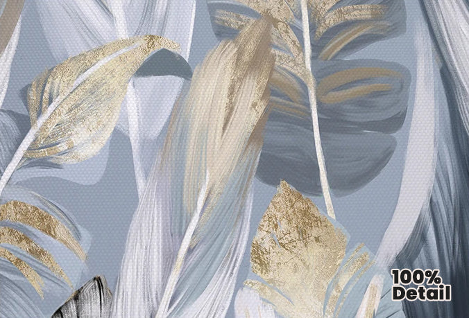 Chic Abstrakt Blå Gylne Fjær Veggkunst Fine Art Lerrettrykk Plakater Bilder For Stue Spisestue Moderne Soverom Kunst Dekor | Skanto