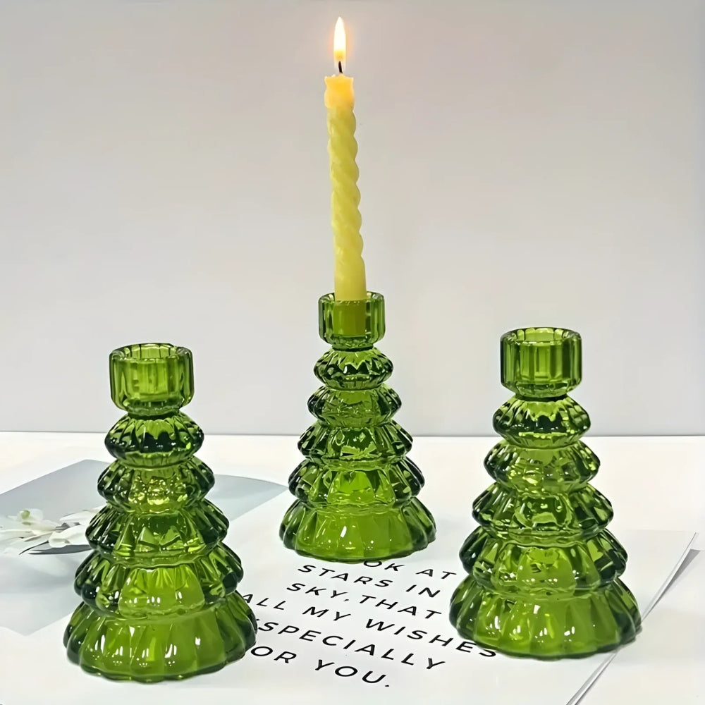 Skanto | Juletrær Glass Lysestake | 3-pk Sett