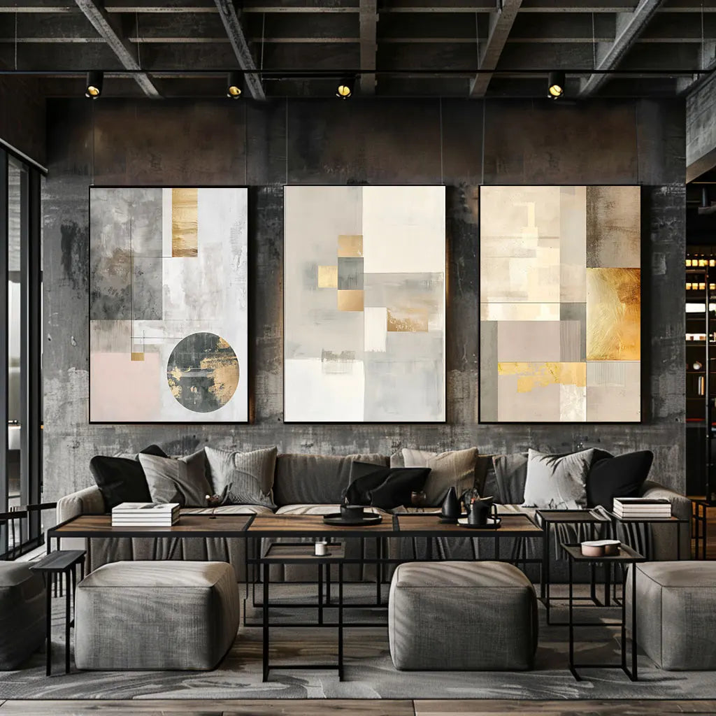 Samtidens abstrakt geometrisk fargeblokk veggkunst fine kunst lerretstrykk nøytrale fargebilder for moderne leilighet stuer skandinavisk interiørdesign | Skanto