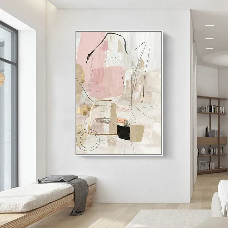 Samtidig pastell-abstrakt lerrettrykk veggkunst - Dramatisk og delikat geometrisk kunst i rosa, hvit, svart og beige - Perfekt for moderne minimalisme interiører | Skanto