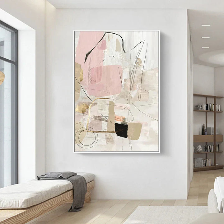Samtidig pastell-abstrakt lerrettrykk veggkunst - Dramatisk og delikat geometrisk kunst i rosa, hvit, svart og beige - Perfekt for moderne minimalisme interiører | Skanto