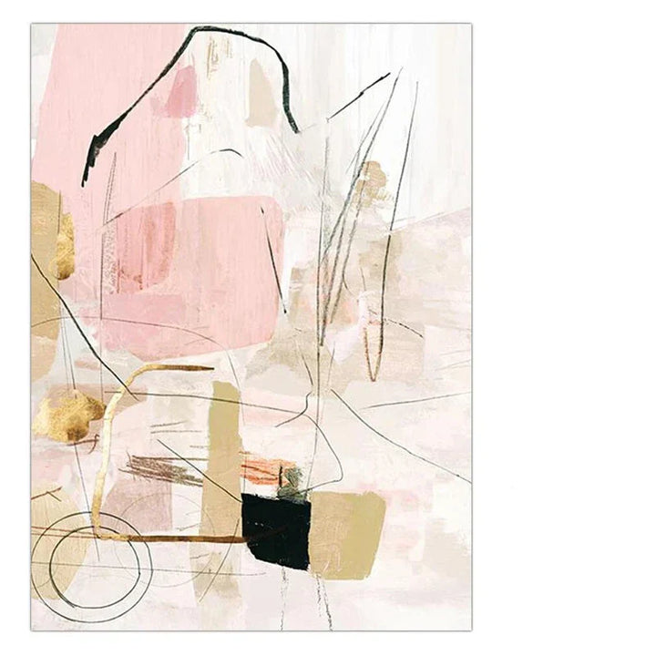 Samtidig pastell-abstrakt lerrettrykk veggkunst - Dramatisk og delikat geometrisk kunst i rosa, hvit, svart og beige - Perfekt for moderne minimalisme interiører | Skanto