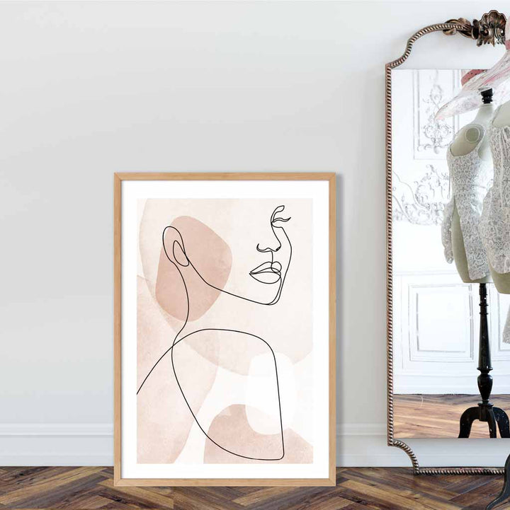 Korallrosa abstrakt linjekunstplakat med kvinneansikt nr. 1