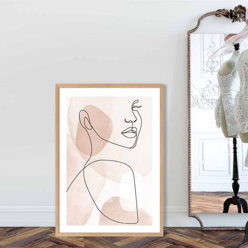 Korallrosa abstrakt linjekunstplakat med kvinneansikt nr. 1