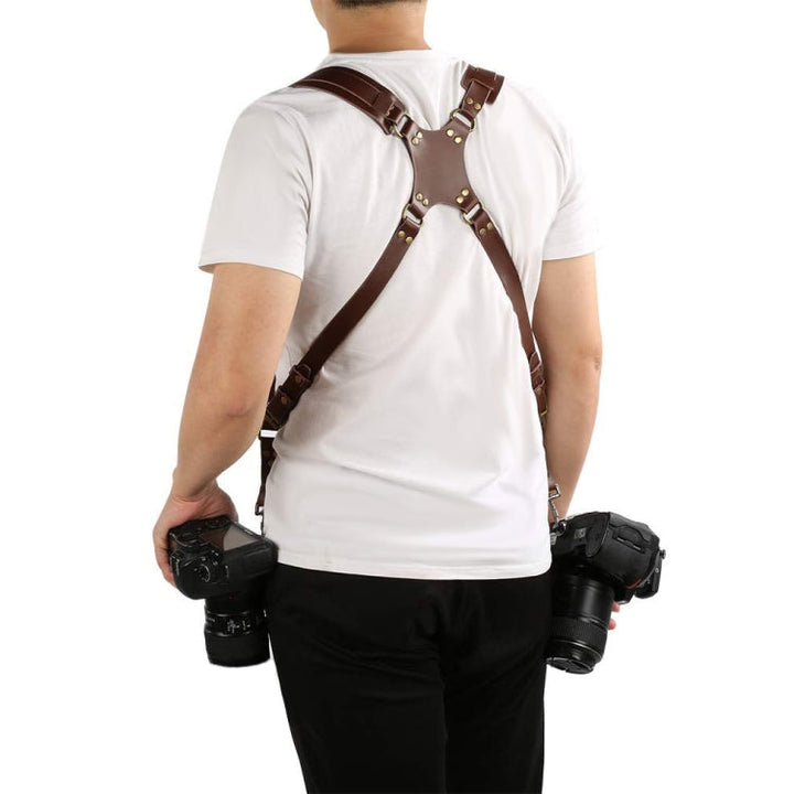 Skanto | Rask frigjøring anti-glid dobbel skulder lær harness kamera stropp med metall krok for SLR / DSLR-kameraer (Brun)