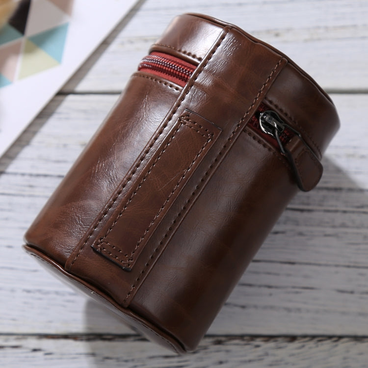 Skanto | Medium linseetui med glidelås laget av PU-lær for DSLR kameralinse, størrelse: 13x9x9cm (Kaffe)
