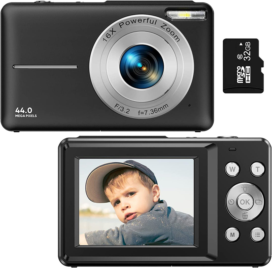 Skanto | Bærbar digital kamera 1080P 44MP med 16X zoom – Kompakt vloggingkamera med LCD-skjerm, oppladbart, perfekt for tenåringer og studenter