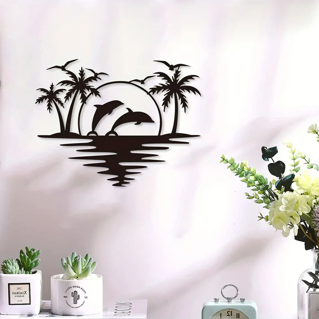 Delfin Solnedgang Tropiske Palmen Jern Kunst Veggkunst 3D Metall Skulptur Veggdekorasjon For Stue Spisestue Kreativ Samtids Nordisk Boliginnredning | Skanto