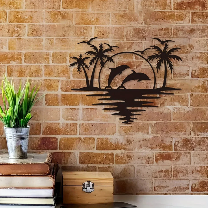Delfin Solnedgang Tropiske Palmen Jern Kunst Veggkunst 3D Metall Skulptur Veggdekorasjon For Stue Spisestue Kreativ Samtids Nordisk Boliginnredning | Skanto