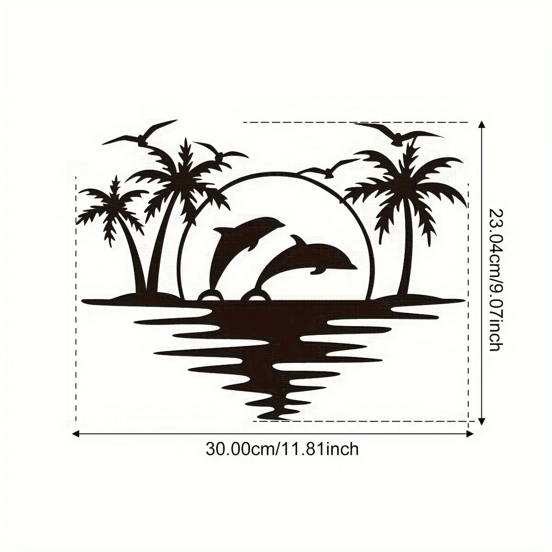 Delfin Solnedgang Tropiske Palmen Jern Kunst Veggkunst 3D Metall Skulptur Veggdekorasjon For Stue Spisestue Kreativ Samtids Nordisk Boliginnredning | Skanto