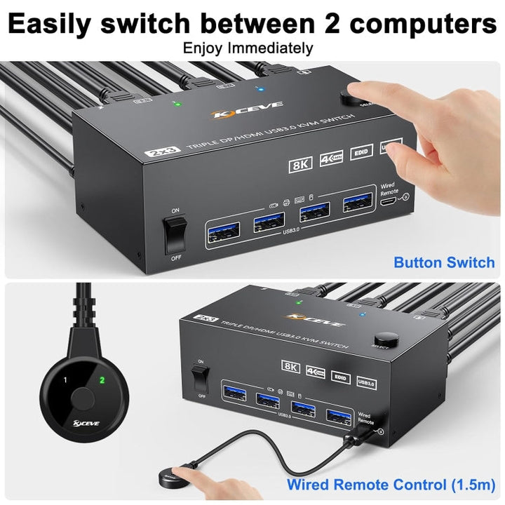Skanto | KC-KVM203DH 8K 30Hz USB3.0 DP+DP+HDMI Triple Monitors KVM Switch, AU Plugg