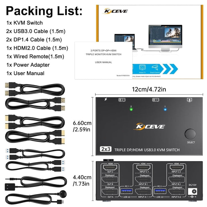 Skanto | KC-KVM203DH 8K 30Hz USB3.0 DP+DP+HDMI Triple Monitors KVM Switch, AU Plugg