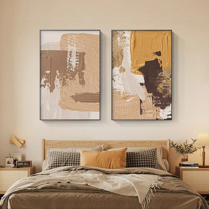 Elegante jordtoner abstrakt penselstruktur veggkunst fine kunst lerrettrykk Triple Harmony av sennepsgul, brun og beige – samtidsveggkunst for moderne interiørdesign | Skanto