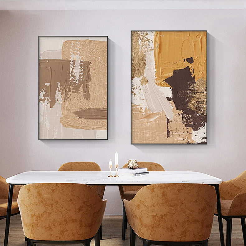 Elegante jordtoner abstrakt penselstruktur veggkunst fine kunst lerrettrykk Triple Harmony av sennepsgul, brun og beige – samtidsveggkunst for moderne interiørdesign | Skanto