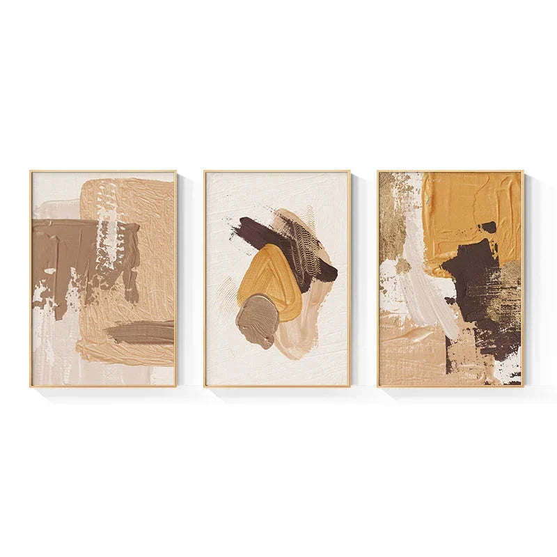 Elegante jordtoner abstrakt penselstruktur veggkunst fine kunst lerrettrykk Triple Harmony av sennepsgul, brun og beige – samtidsveggkunst for moderne interiørdesign | Skanto