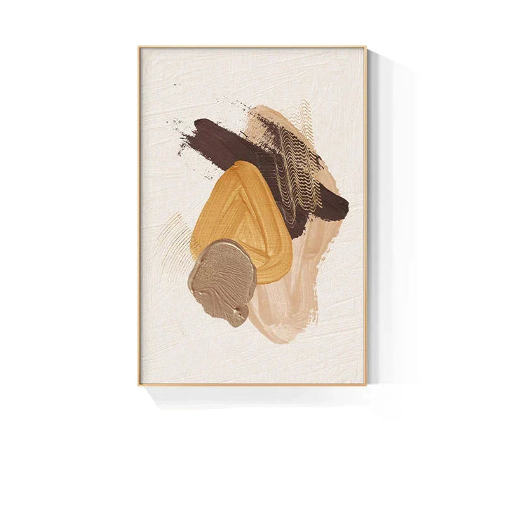 Elegante jordtoner abstrakt penselstruktur veggkunst fine kunst lerrettrykk Triple Harmony av sennepsgul, brun og beige – samtidsveggkunst for moderne interiørdesign | Skanto