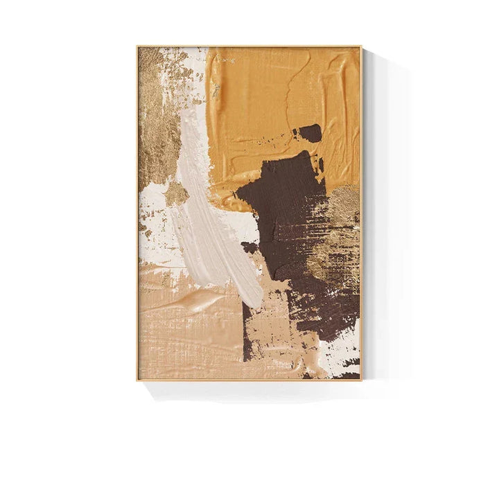 Elegante jordtoner abstrakt penselstruktur veggkunst fine kunst lerrettrykk Triple Harmony av sennepsgul, brun og beige – samtidsveggkunst for moderne interiørdesign | Skanto