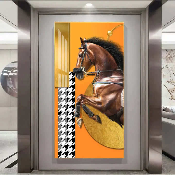 Elegant Ritter Veggkunst Fine Art Lerrettrykk Majestetisk Brunt Hesteportrett på abstrakt oransje bakgrunn for bilder for moderne interiør | Skanto