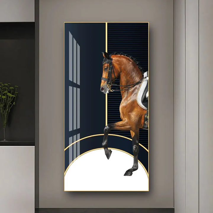 Elegant Ritter Veggkunst Fine Art Lerrettrykk Majestetisk Brunt Hesteportrett på abstrakt oransje bakgrunn for bilder for moderne interiør | Skanto