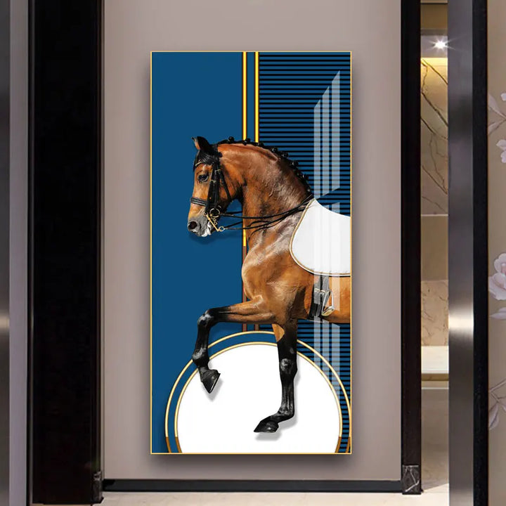 Elegant Ritter Veggkunst Fine Art Lerrettrykk Majestetisk Brunt Hesteportrett på abstrakt oransje bakgrunn for bilder for moderne interiør | Skanto