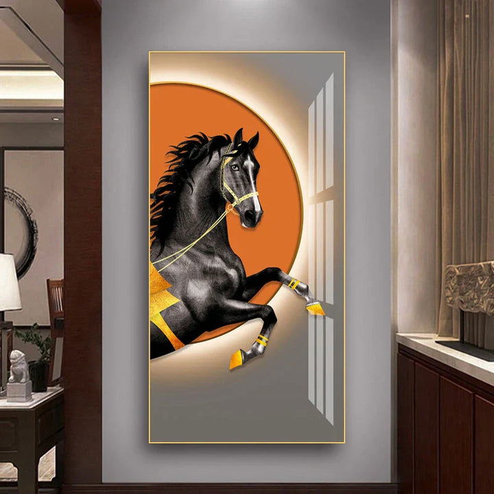 Elegant Ritter Veggkunst Fine Art Lerrettrykk Majestetisk Brunt Hesteportrett på abstrakt oransje bakgrunn for bilder for moderne interiør | Skanto