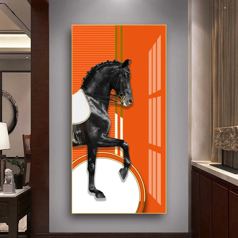 Elegant Ritter Veggkunst Fine Art Lerrettrykk Majestetisk Brunt Hesteportrett på abstrakt oransje bakgrunn for bilder for moderne interiør | Skanto