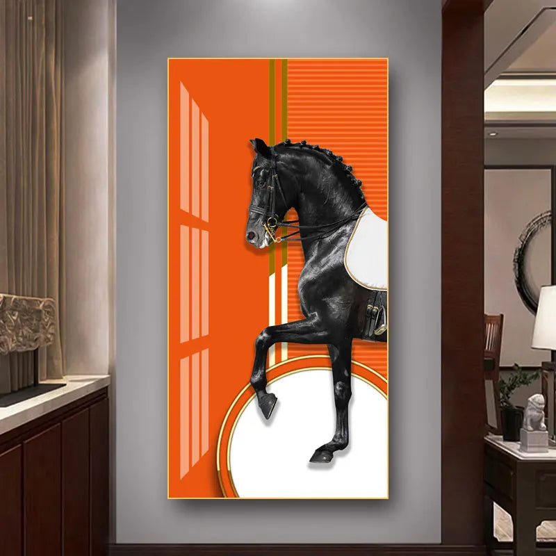Elegant Ritter Veggkunst Fine Art Lerrettrykk Majestetisk Brunt Hesteportrett på abstrakt oransje bakgrunn for bilder for moderne interiør | Skanto
