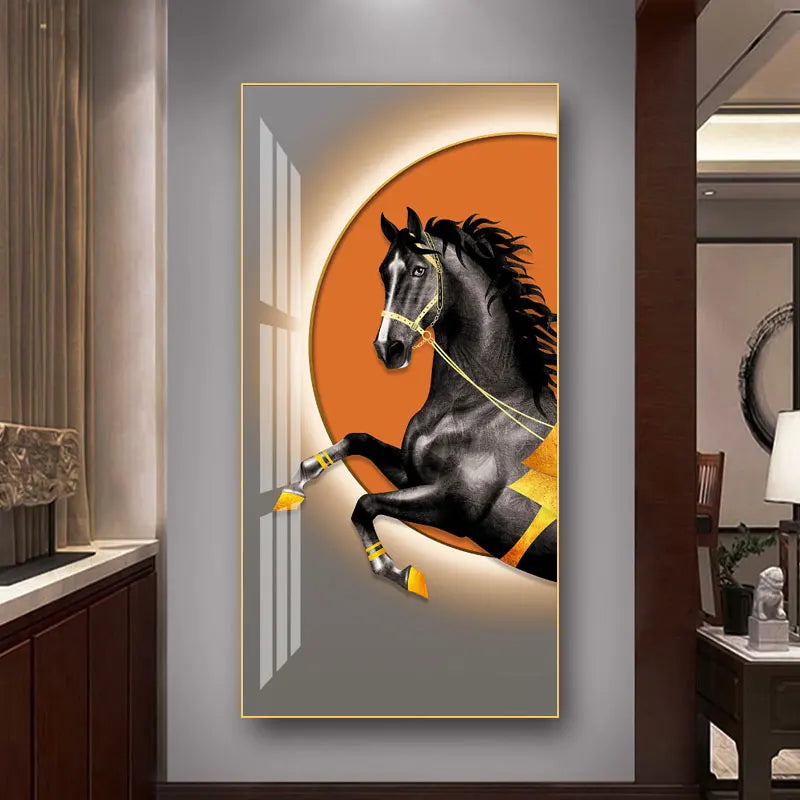 Elegant Ritter Veggkunst Fine Art Lerrettrykk Majestetisk Brunt Hesteportrett på abstrakt oransje bakgrunn for bilder for moderne interiør | Skanto