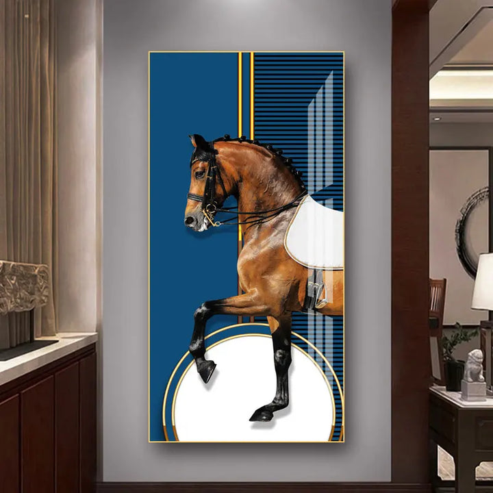 Elegant Ritter Veggkunst Fine Art Lerrettrykk Majestetisk Brunt Hesteportrett på abstrakt oransje bakgrunn for bilder for moderne interiør | Skanto
