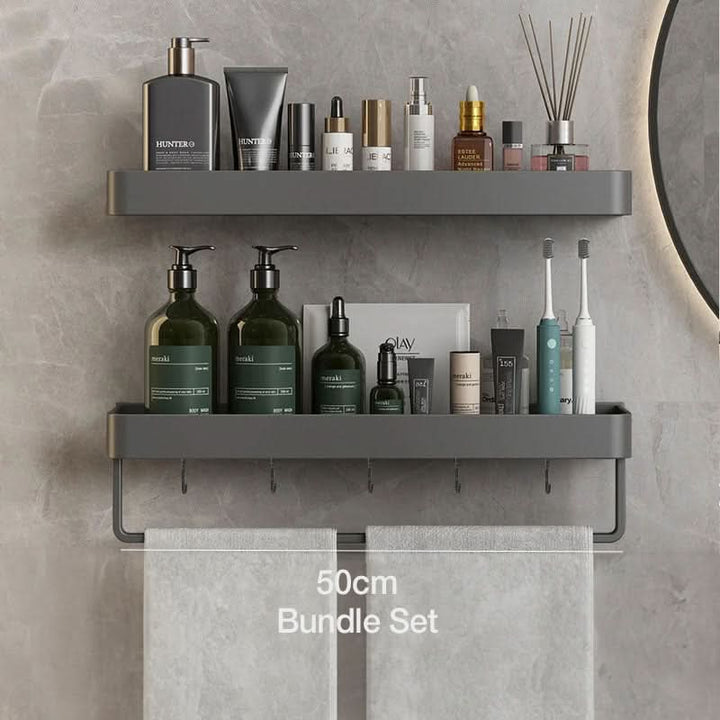 Skanto | Elegant vegghylle for badet med håndkleholder og borefri installasjon