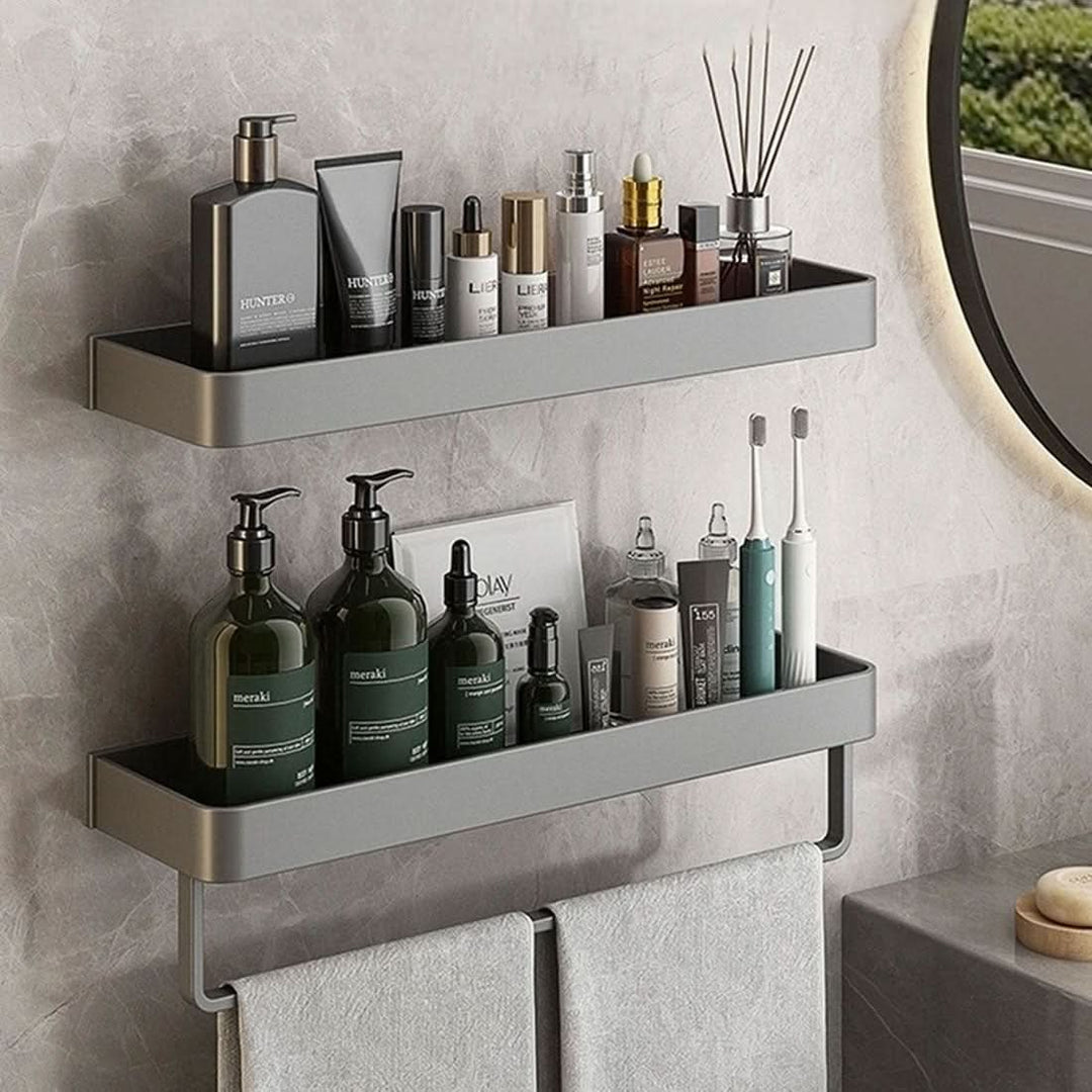 Skanto | Elegant vegghylle for badet med håndkleholder og borefri installasjon