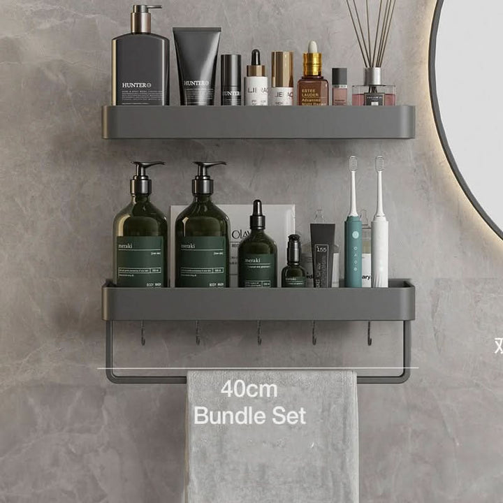 Skanto | Elegant vegghylle for badet med håndkleholder og borefri installasjon