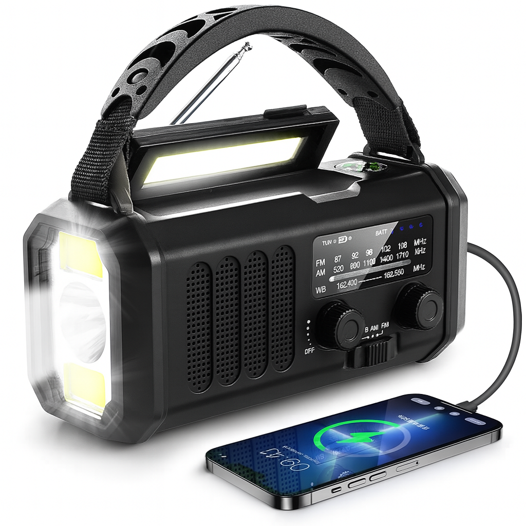 Nødvending Bølge Krise Radio – Nød Radio med Powerbank, LED Lommelykt, Dynamo, og Kompass | Skanto