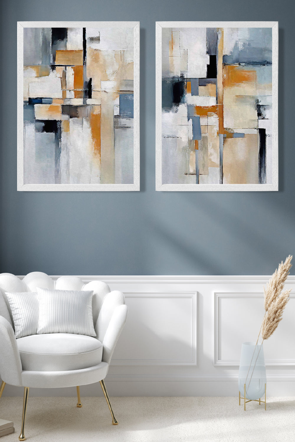 Abstrakt sett med 2 innrammede kunsttrykk i blått og oransje