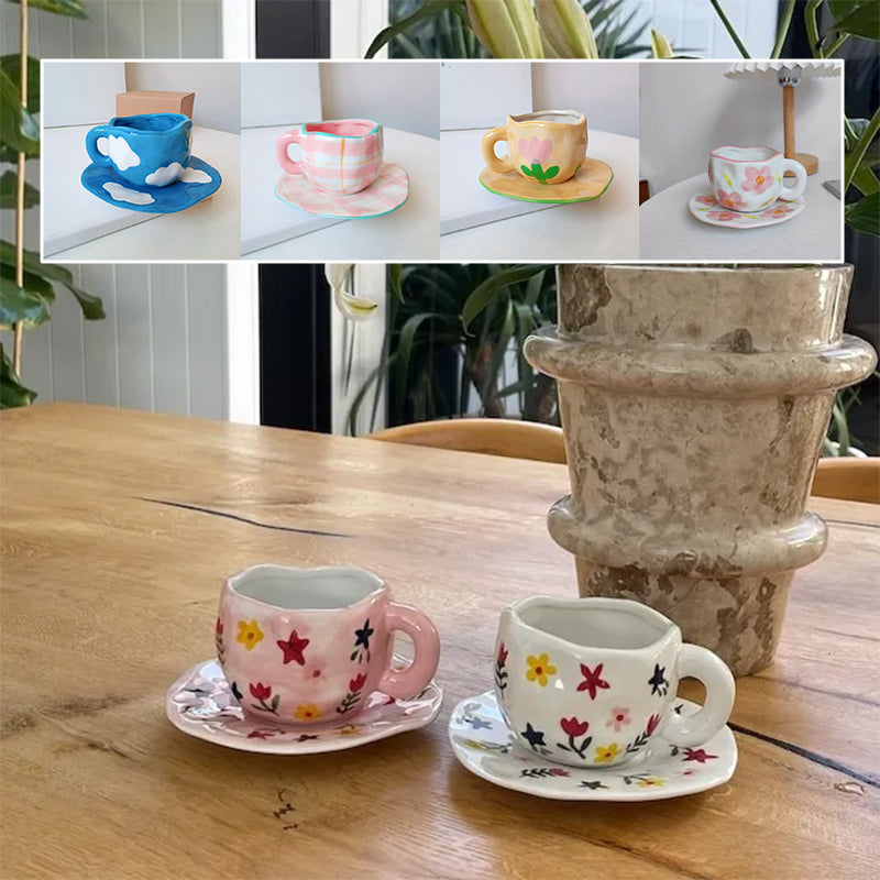 Håndmalt kreativ kaffekopp, keramisk tekopp og fatsett | Skanto