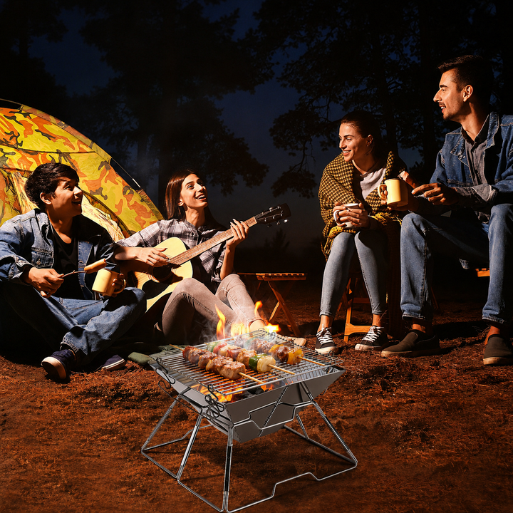 Foldbar Camping Grill i Rustfritt Stål med Høydejusterbar Grillstativ | Skanto