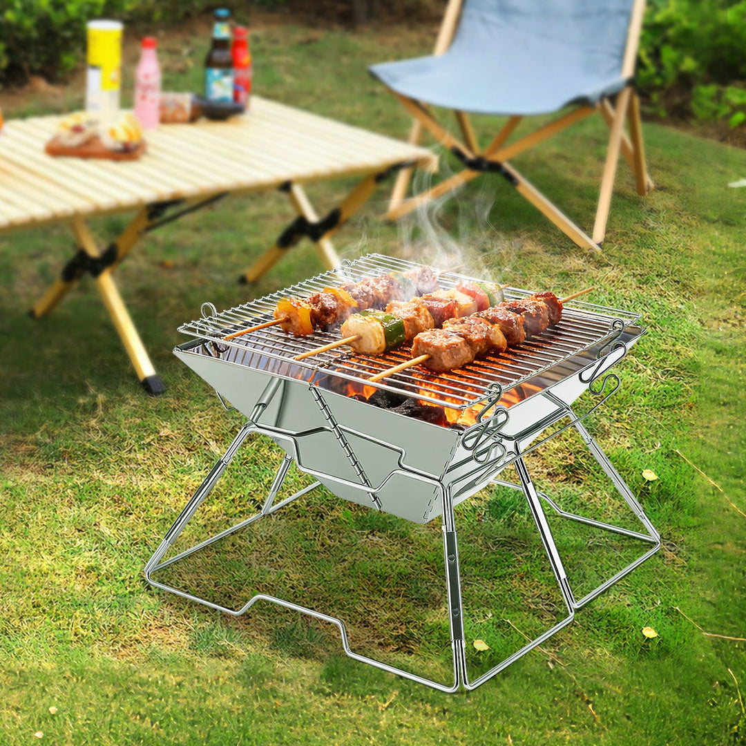 Foldbar Camping Grill i Rustfritt Stål med Høydejusterbar Grillstativ | Skanto