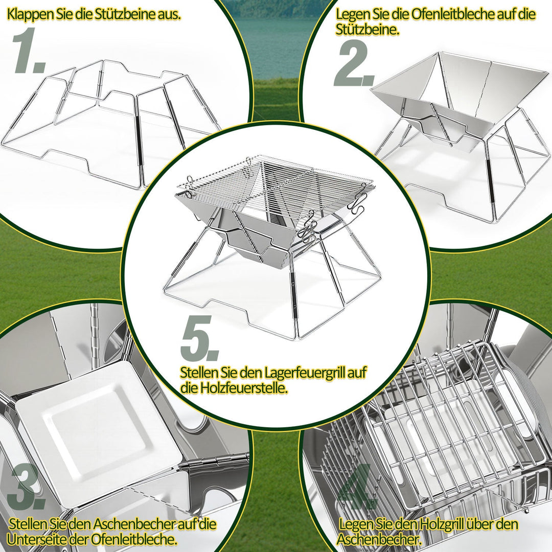 Foldbar Camping Grill i Rustfritt Stål med Høydejusterbar Grillstativ | Skanto