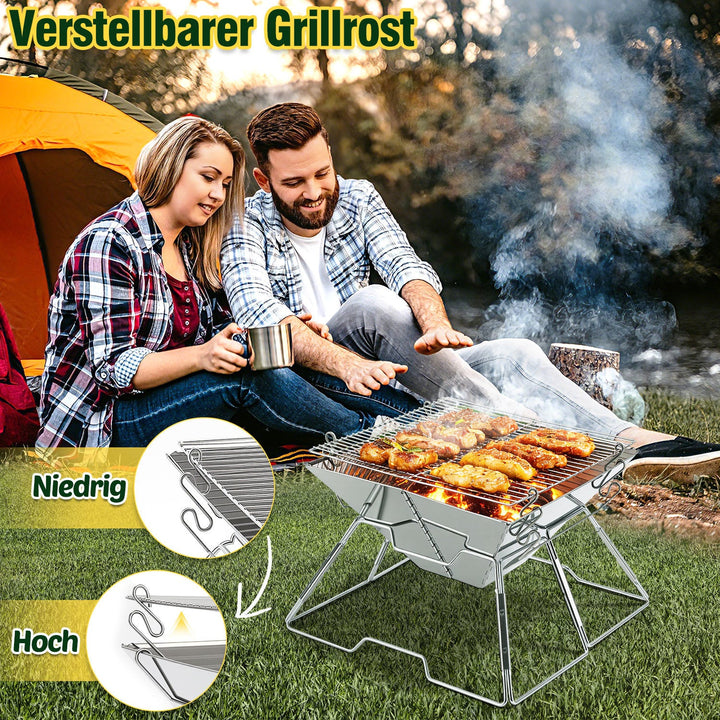 Foldbar Camping Grill i Rustfritt Stål med Høydejusterbar Grillstativ | Skanto