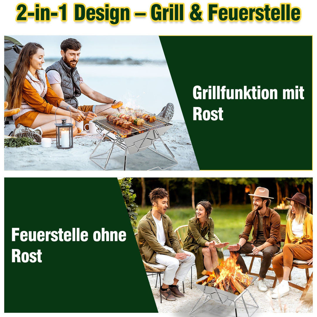 Foldbar Camping Grill i Rustfritt Stål med Høydejusterbar Grillstativ | Skanto