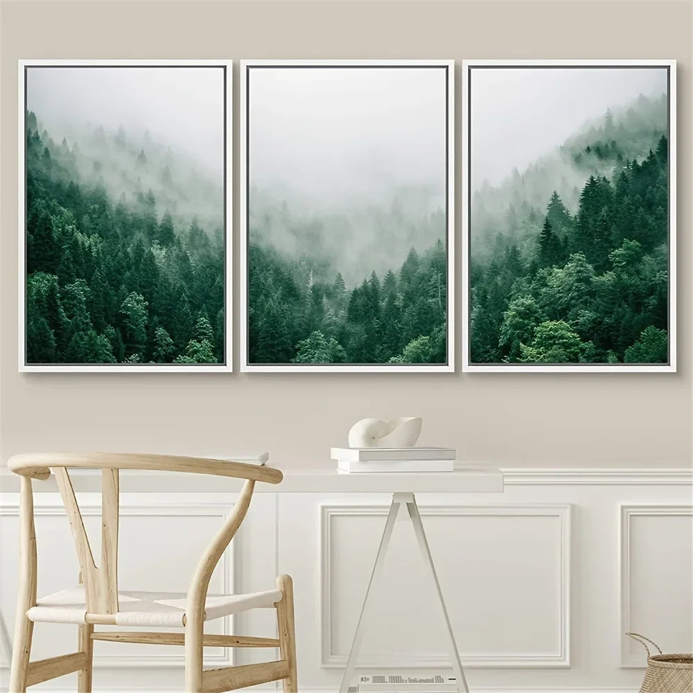 Set av 3PCS Tåkeskog Landskapsveggkunst Fin kunstler lerrettrykk Inspirerende bilder av ro for stue veggdekorasjon | Skanto