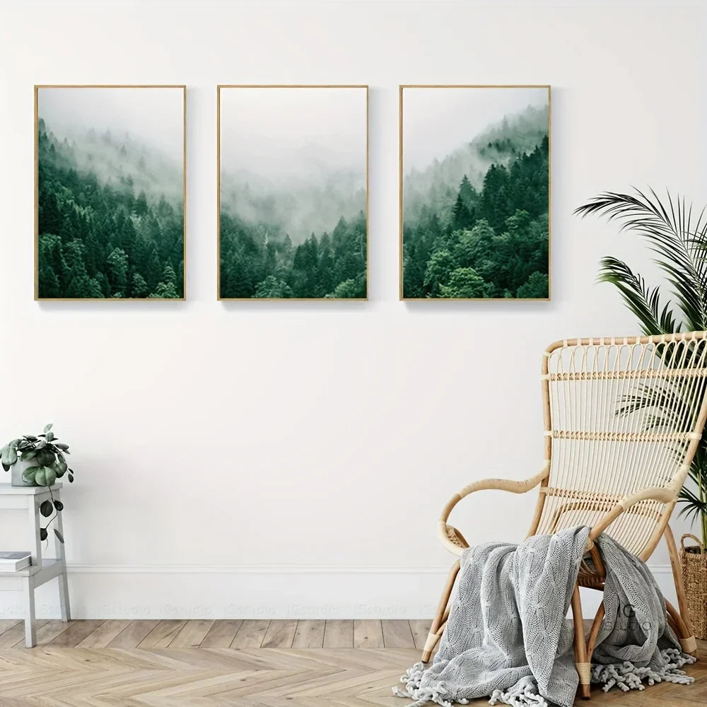 Set av 3PCS Tåkeskog Landskapsveggkunst Fin kunstler lerrettrykk Inspirerende bilder av ro for stue veggdekorasjon | Skanto