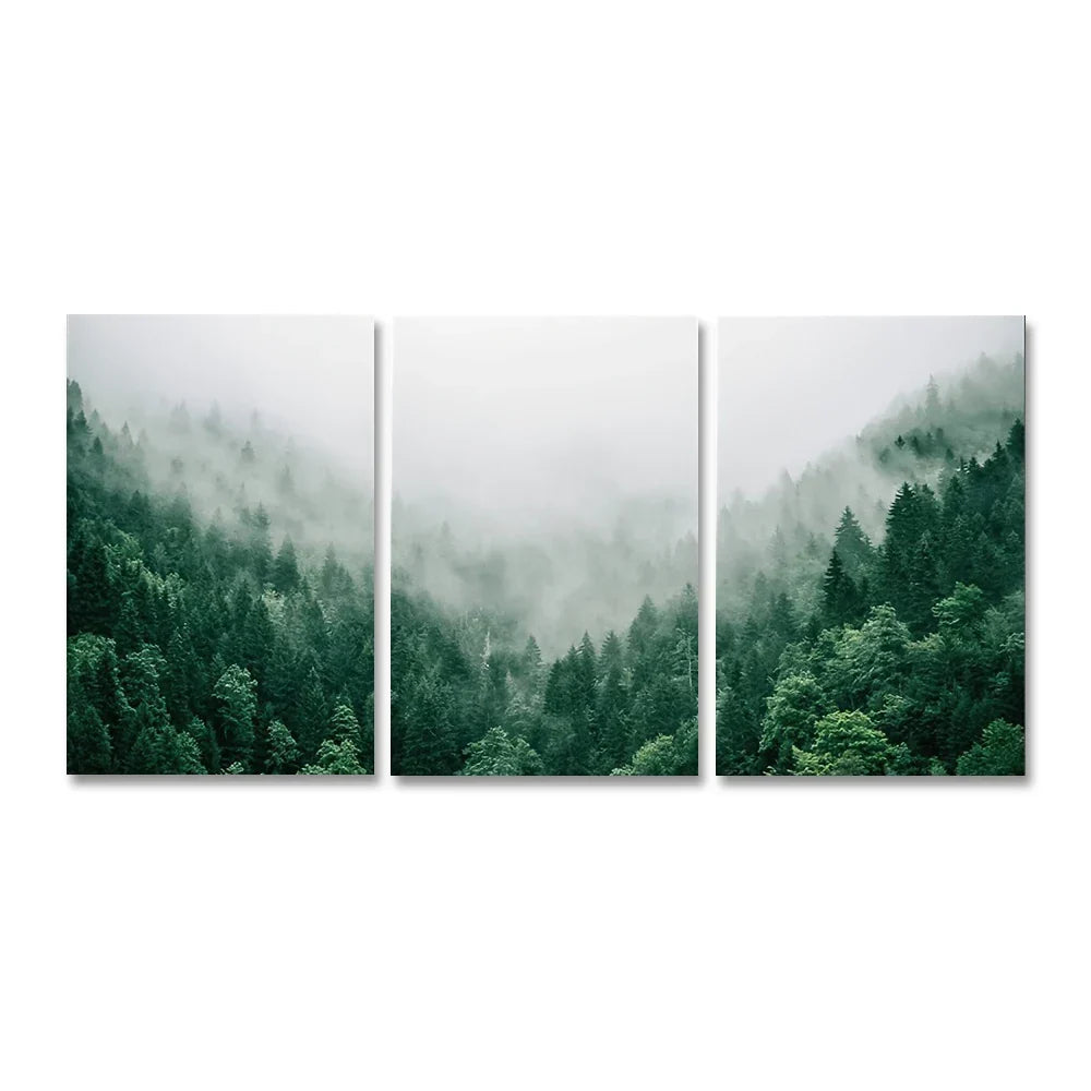 Set av 3PCS Tåkeskog Landskapsveggkunst Fin kunstler lerrettrykk Inspirerende bilder av ro for stue veggdekorasjon | Skanto