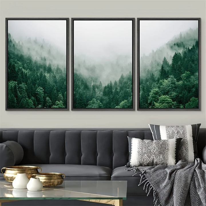Set av 3PCS Tåkeskog Landskapsveggkunst Fin kunstler lerrettrykk Inspirerende bilder av ro for stue veggdekorasjon | Skanto