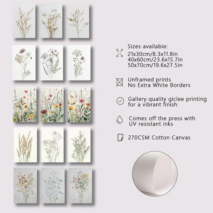 Sett med 3 stk ville blomster veggkunst Fin kunst lerrettrykk Minimalistiske botaniske trykk Plakater Bilder for stuedekor | Skanto