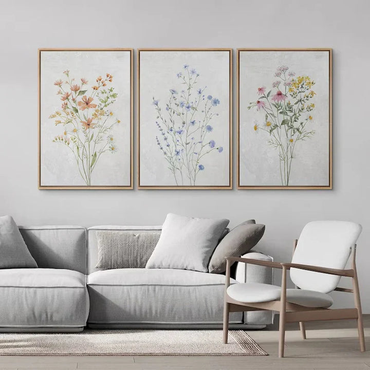 Sett med 3 stk ville blomster veggkunst Fin kunst lerrettrykk Minimalistiske botaniske trykk Plakater Bilder for stuedekor | Skanto