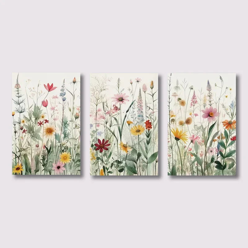 Sett med 3 stk ville blomster veggkunst Fin kunst lerrettrykk Minimalistiske botaniske trykk Plakater Bilder for stuedekor | Skanto
